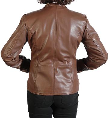 SL10011756 - Ladies Tan Leather Hip Length Biker Jacket